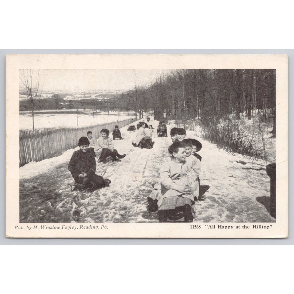 Postcard All Happy at the Hilltop Sledding Children H. Winslow Fegley Reading PA